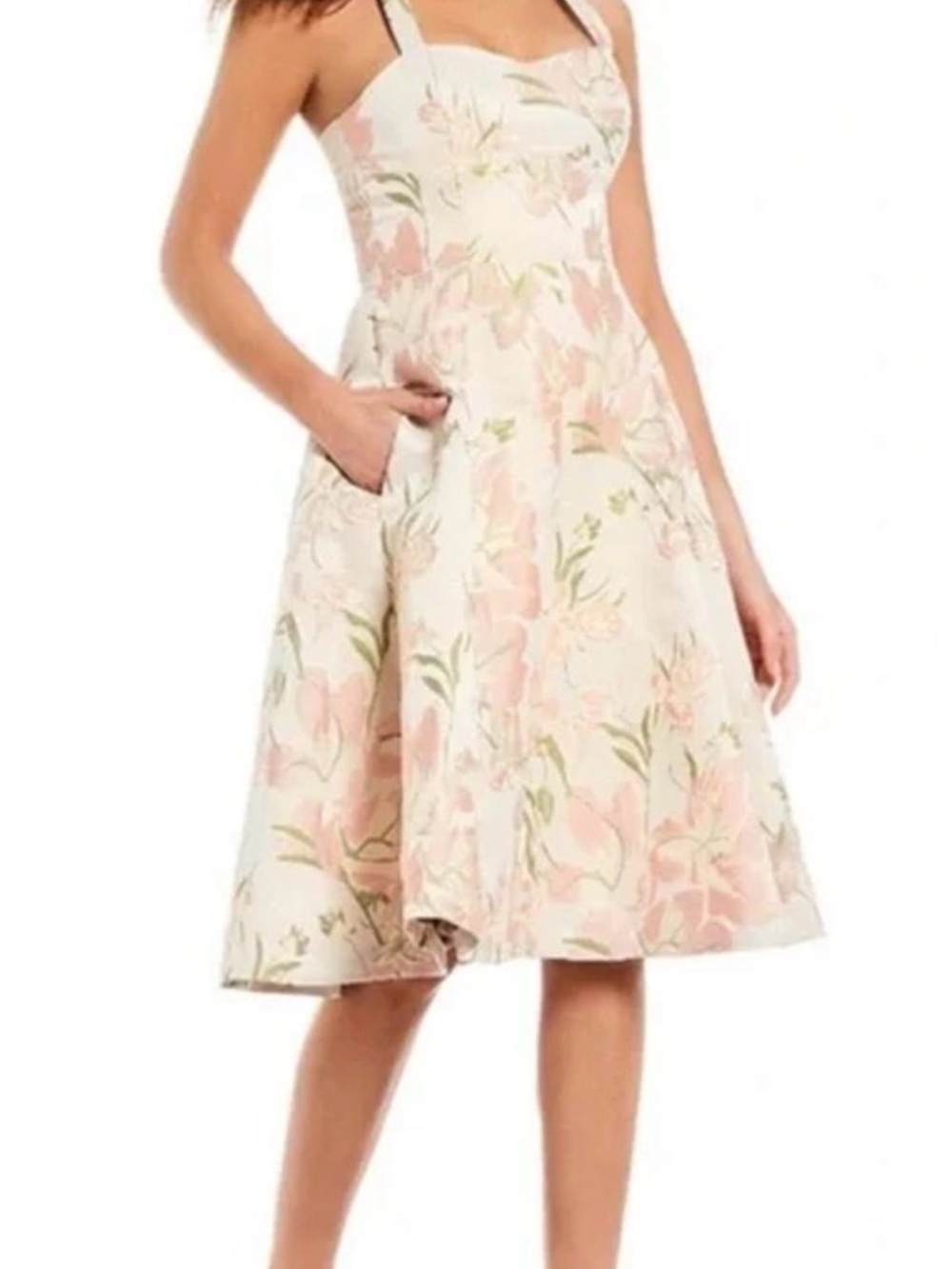 Gianni Bini Pink Midi Dress Green Floral Print Raised 3D Flair Cross Back Summer